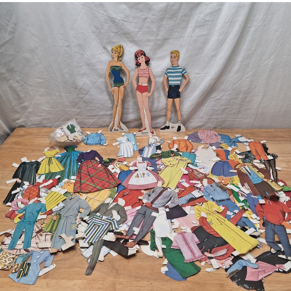 Mattel Paper Doll Lot Vintage 1960s Barbie Ken Skooter Multicolor Clothing CUT